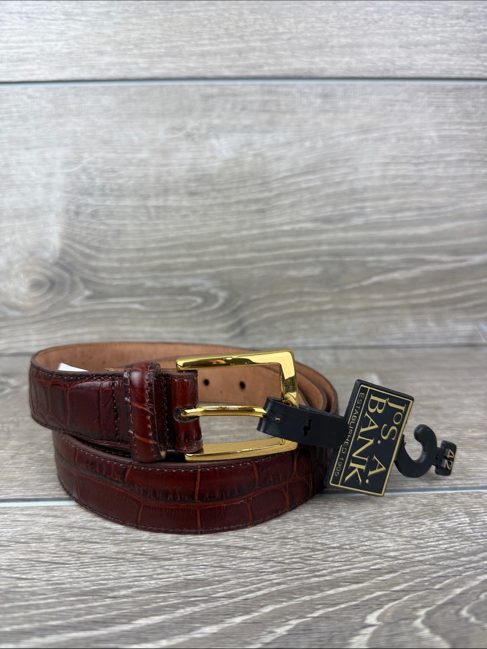Jos. A. Bank Mens Sz 42 Dark Brown Croc Embossed Leather Belt 3455C Brass Buckle